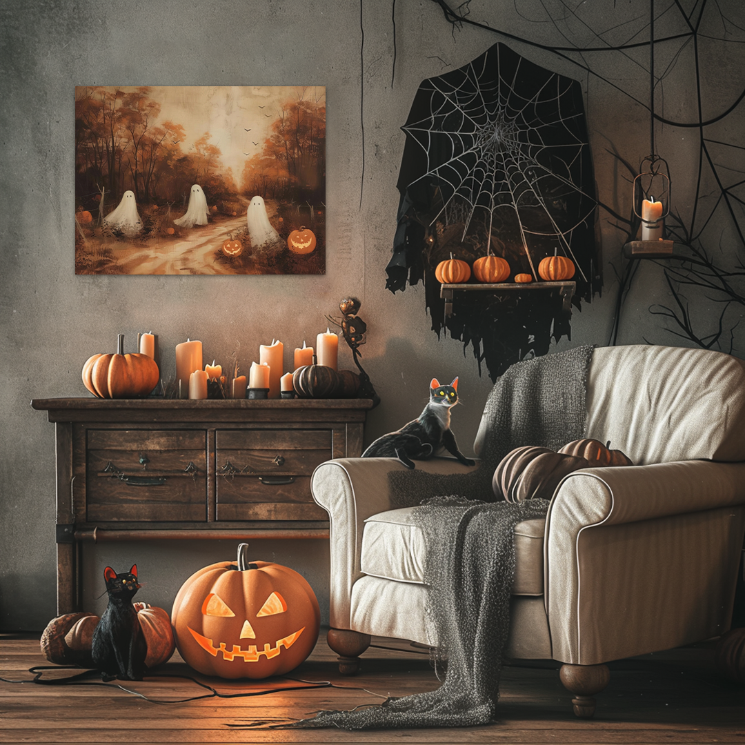 October Procession: A Vintage Halloween Ghost Canvas Painting for Your Home