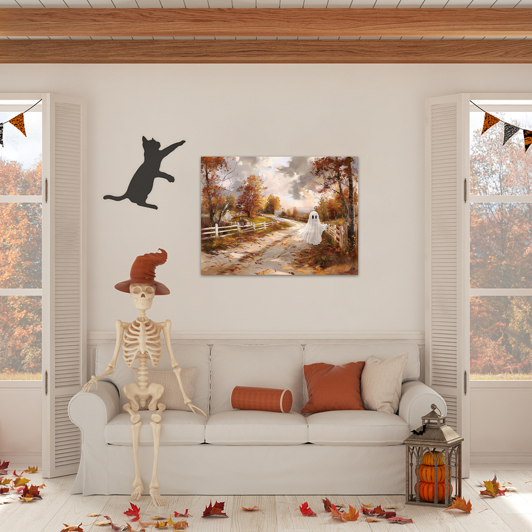 An Autumn Welcome: A Charming Halloween Ghost Canvas Painting for Your Home