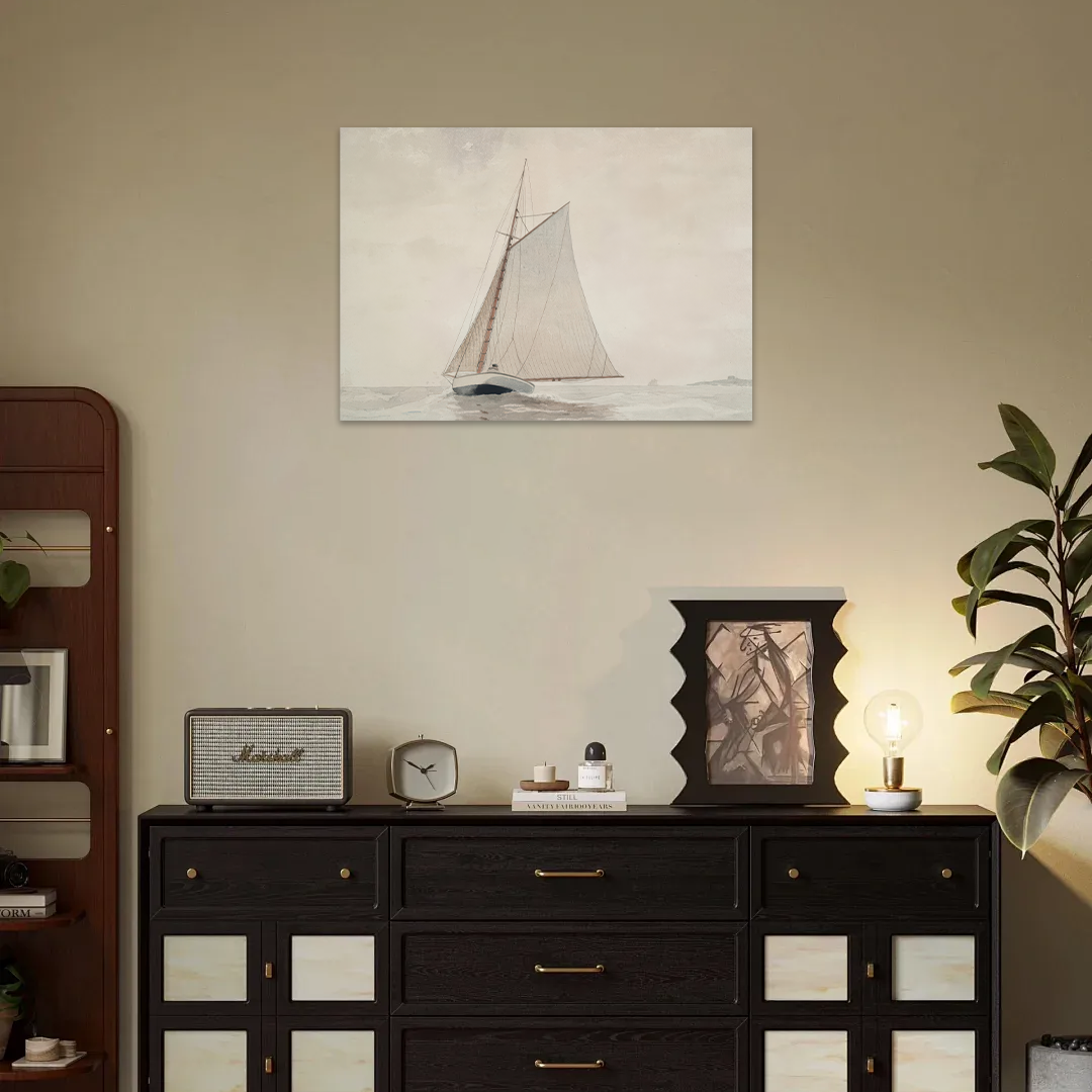 The Quiet Mariner: A Serene Coastal Sailboat Canvas Painting