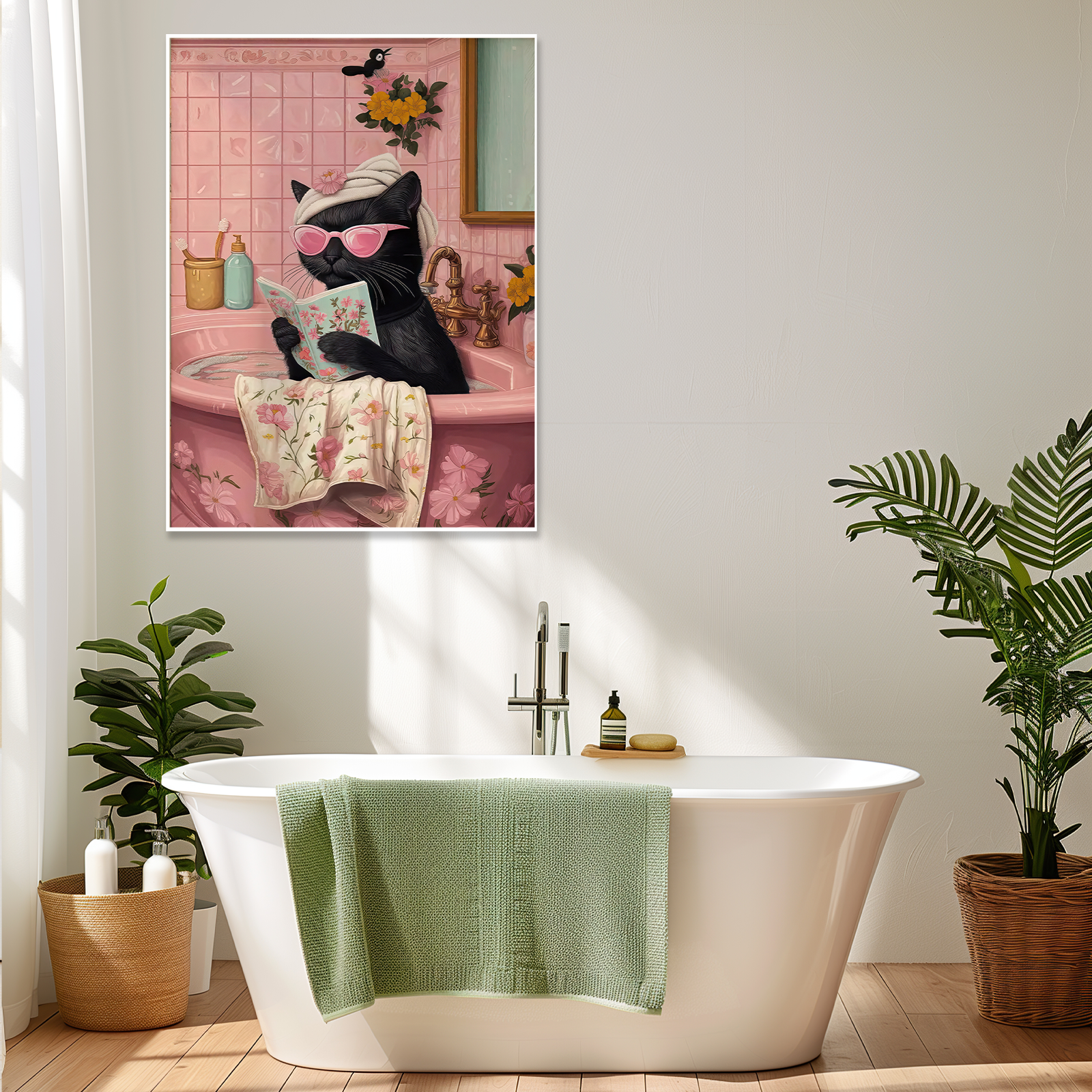 Bubble Bath Diva: A Chic Vintage Pink Cat Bathroom Wall Art