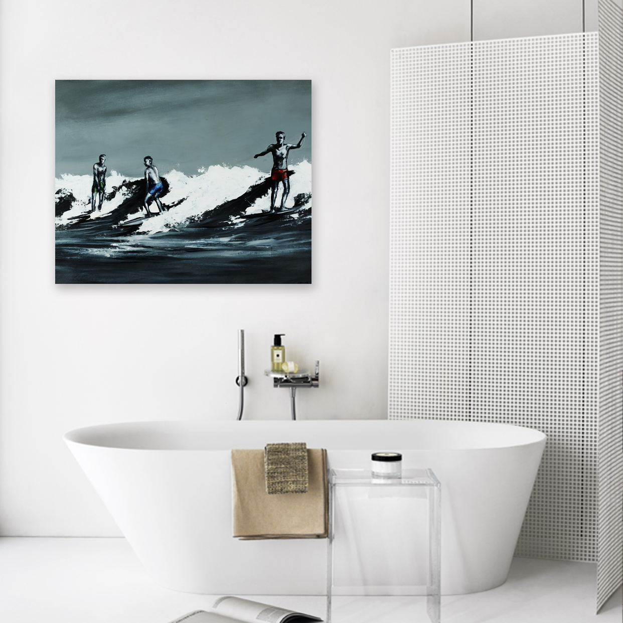 Three Wave Riders: A Modern and Moody Surf Artwork Print