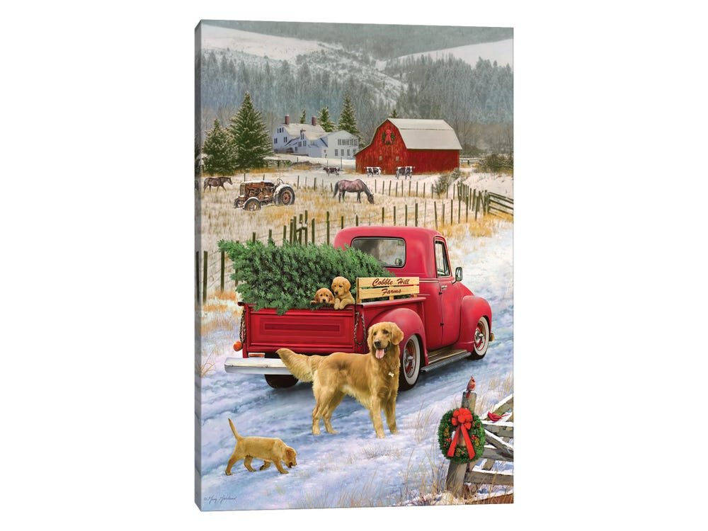 A Golden Christmas Homecoming: A Farmhouse Christmas Wall Art with Dogs