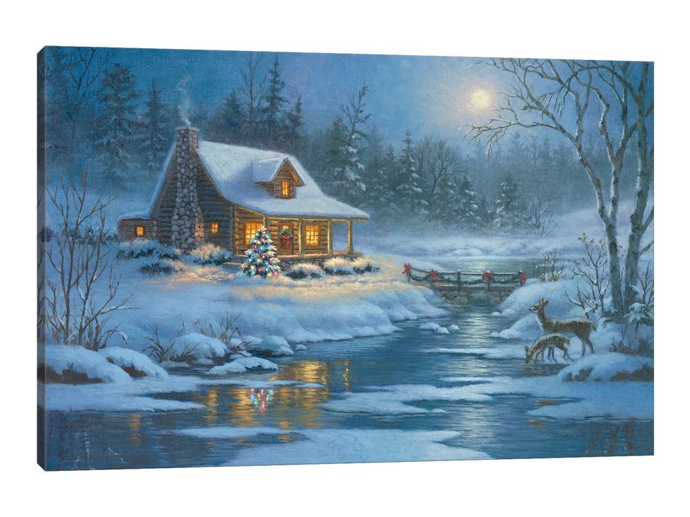 Creekside Christmas Glow: A Rustic Holiday Wall Art of a Winter Cabin