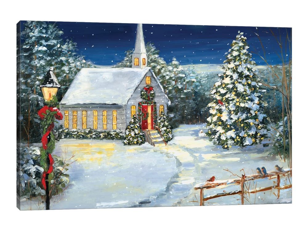 Silent Night Chapel: A Vintage Christmas Canvas Painting of a Snowy Church