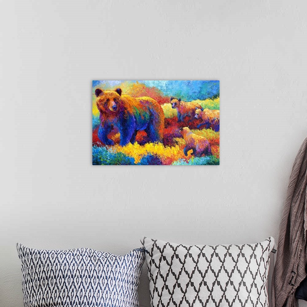 Prismatic Journey: A Vibrant Bear and Cubs Canvas Painting for Your Home