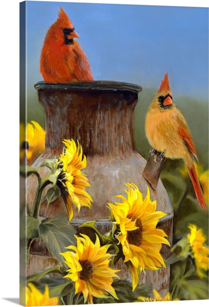 Sunflower Sentinels: A Charming Farmhouse Cardinal Canvas Painting