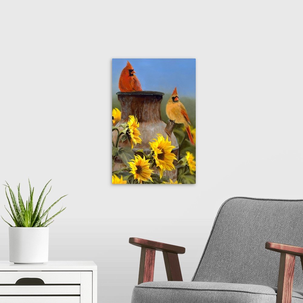 Sunflower Sentinels: A Charming Farmhouse Cardinal Canvas Painting