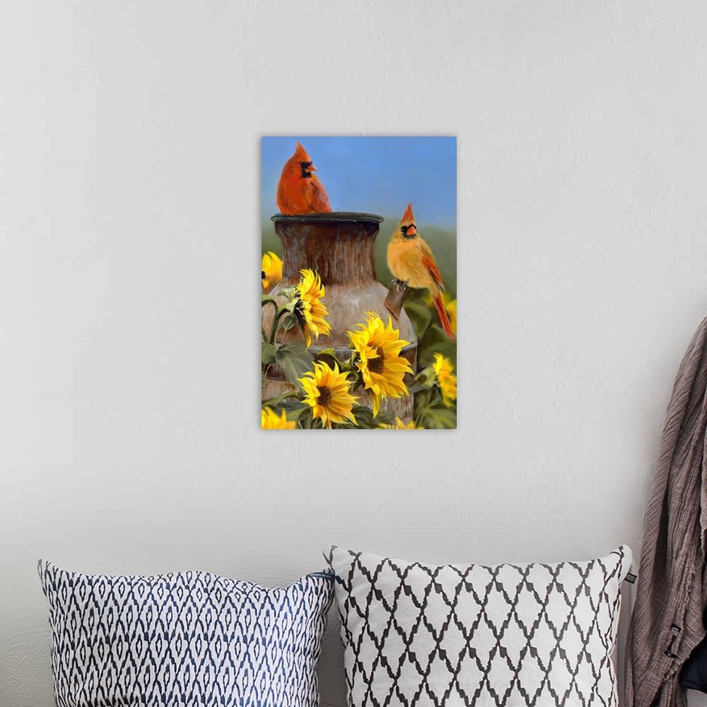 Sunflower Sentinels: A Charming Farmhouse Cardinal Canvas Painting