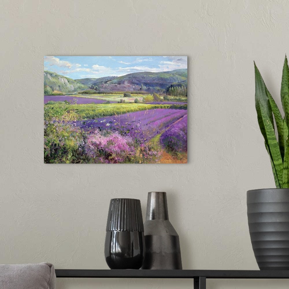 Lavender Valley Vista: A Serene Landscape Lavender Canvas Painting of the Countryside