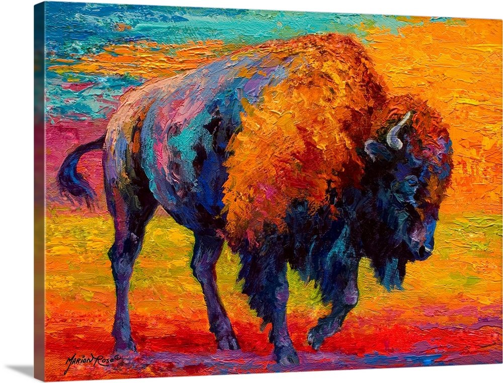 Sunfire Spirit: A Vibrant Expressionist Bison Canvas Painting for Home