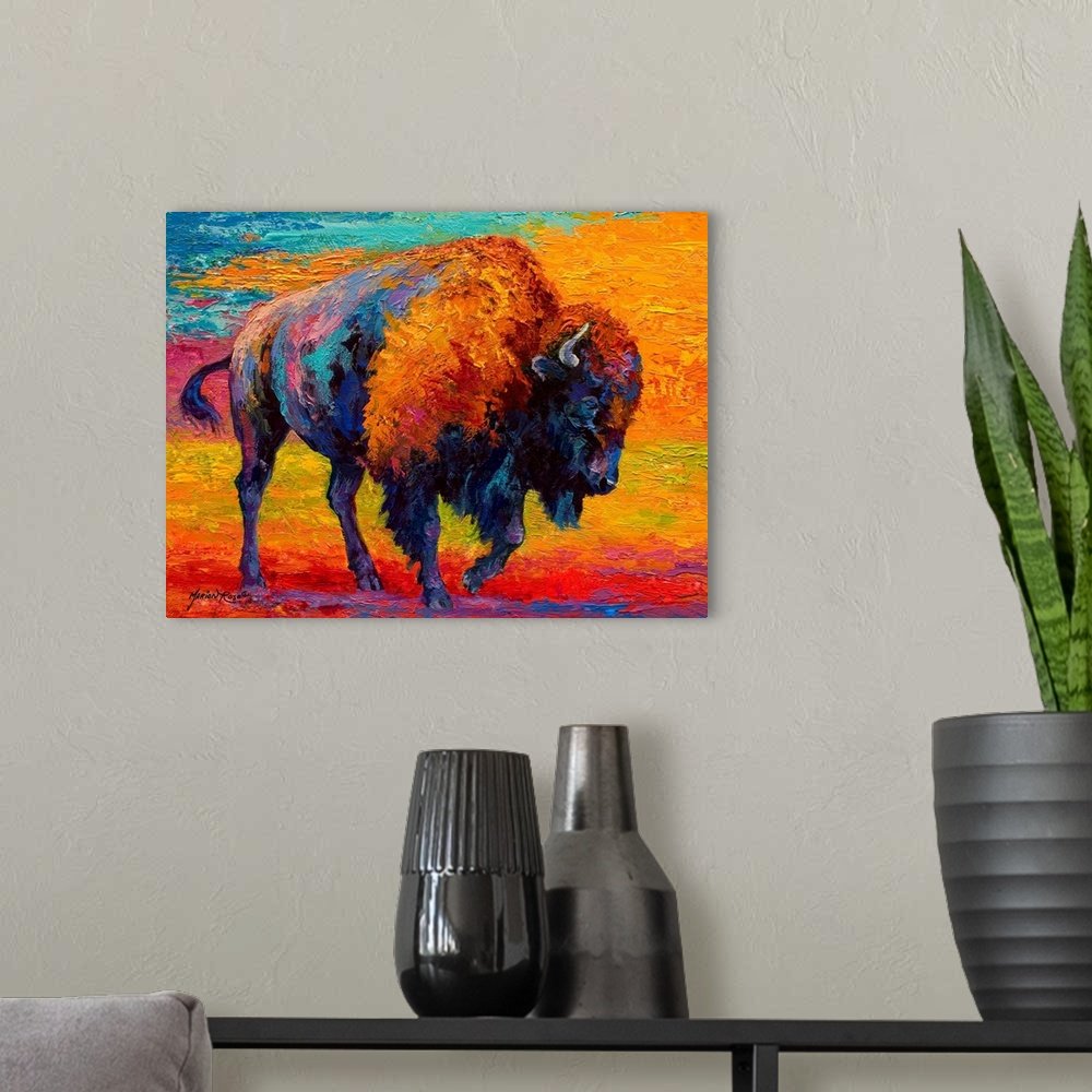 Sunfire Spirit: A Vibrant Expressionist Bison Canvas Painting for Home