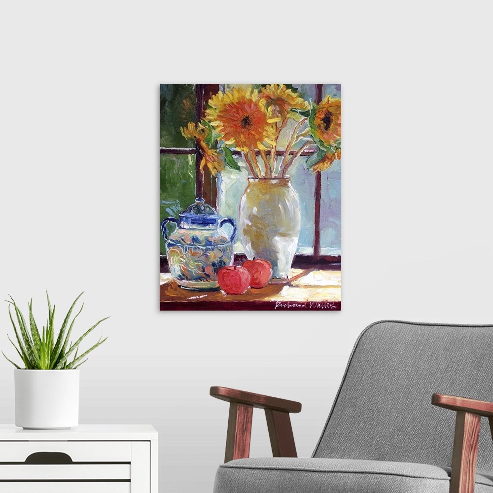 Farmhouse Flower Canvas - Windowsill Sunshine Still Life Painting