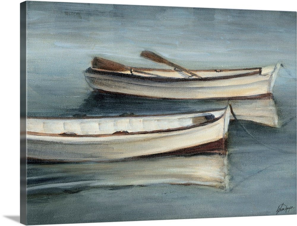 Quiet Drifters: A Serene Coastal Boat Canvas Painting for Your Home