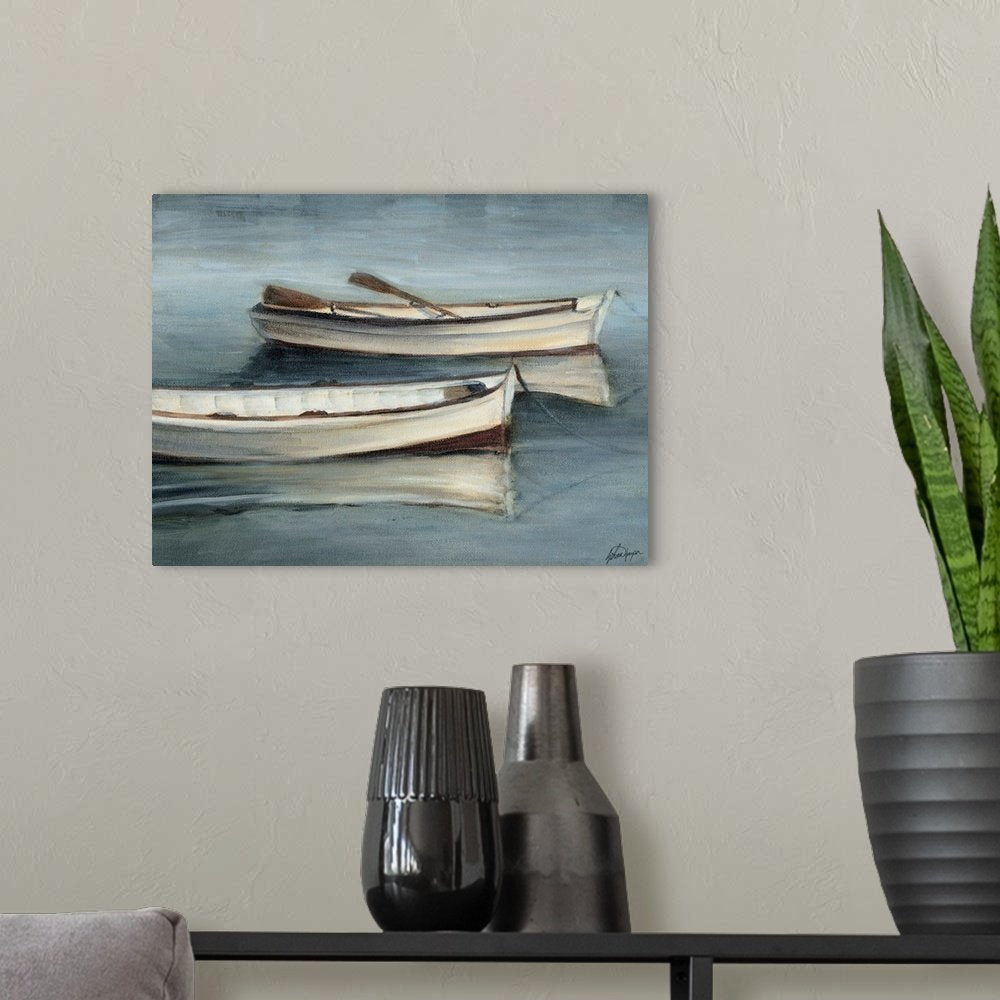Quiet Drifters: A Serene Coastal Boat Canvas Painting for Your Home