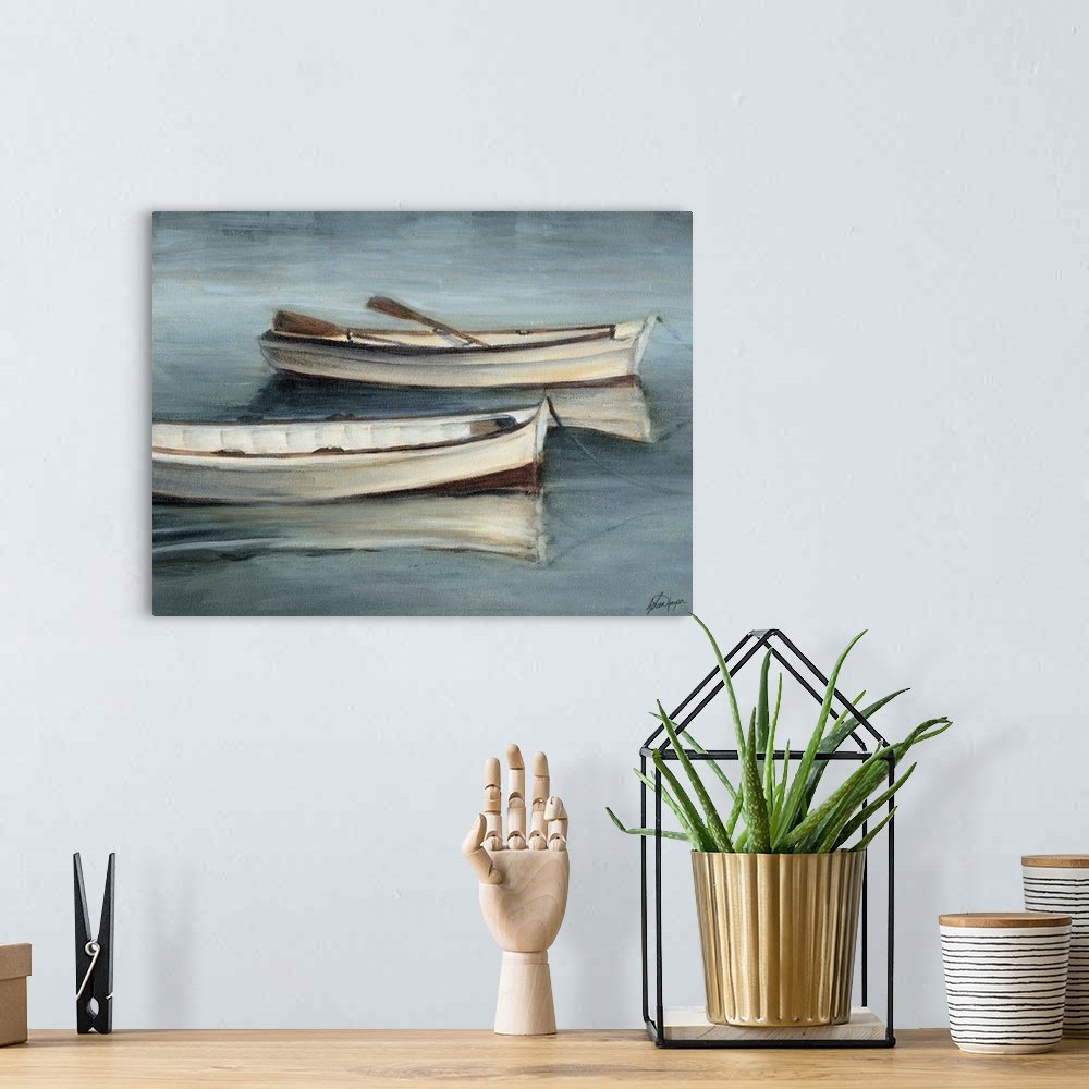 Quiet Drifters: A Serene Coastal Boat Canvas Painting for Your Home