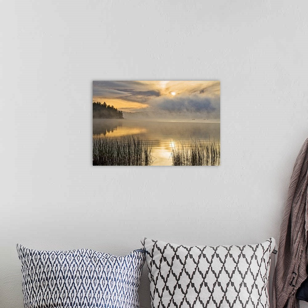 Misty Morning Gold: A Serene Rustic Landscape Wall Art Print