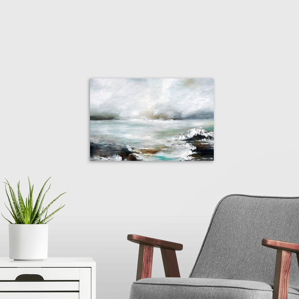 Ocean's Breath: A Moody Abstract Landscape Canvas Painting for Your Wall