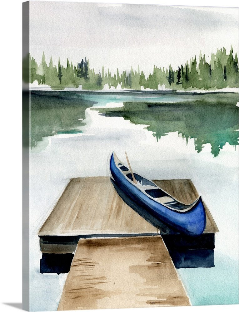 Lakefront Calm: A Serene Rustic Watercolor Landscape Wall Art