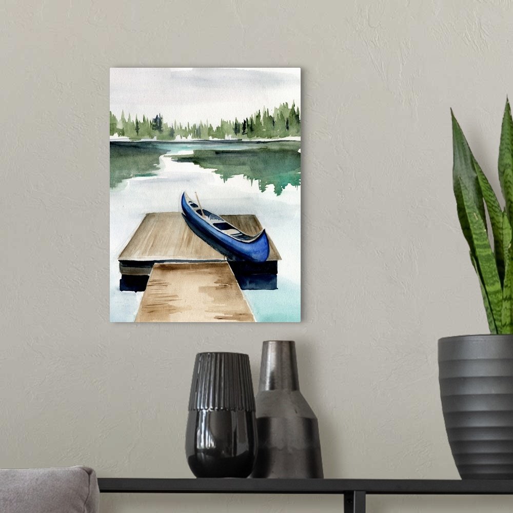 Lakefront Calm: A Serene Rustic Watercolor Landscape Wall Art