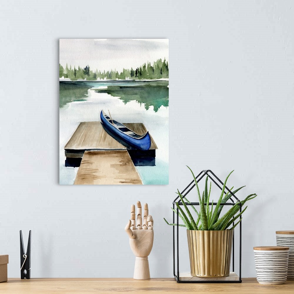 Lakefront Calm: A Serene Rustic Watercolor Landscape Wall Art