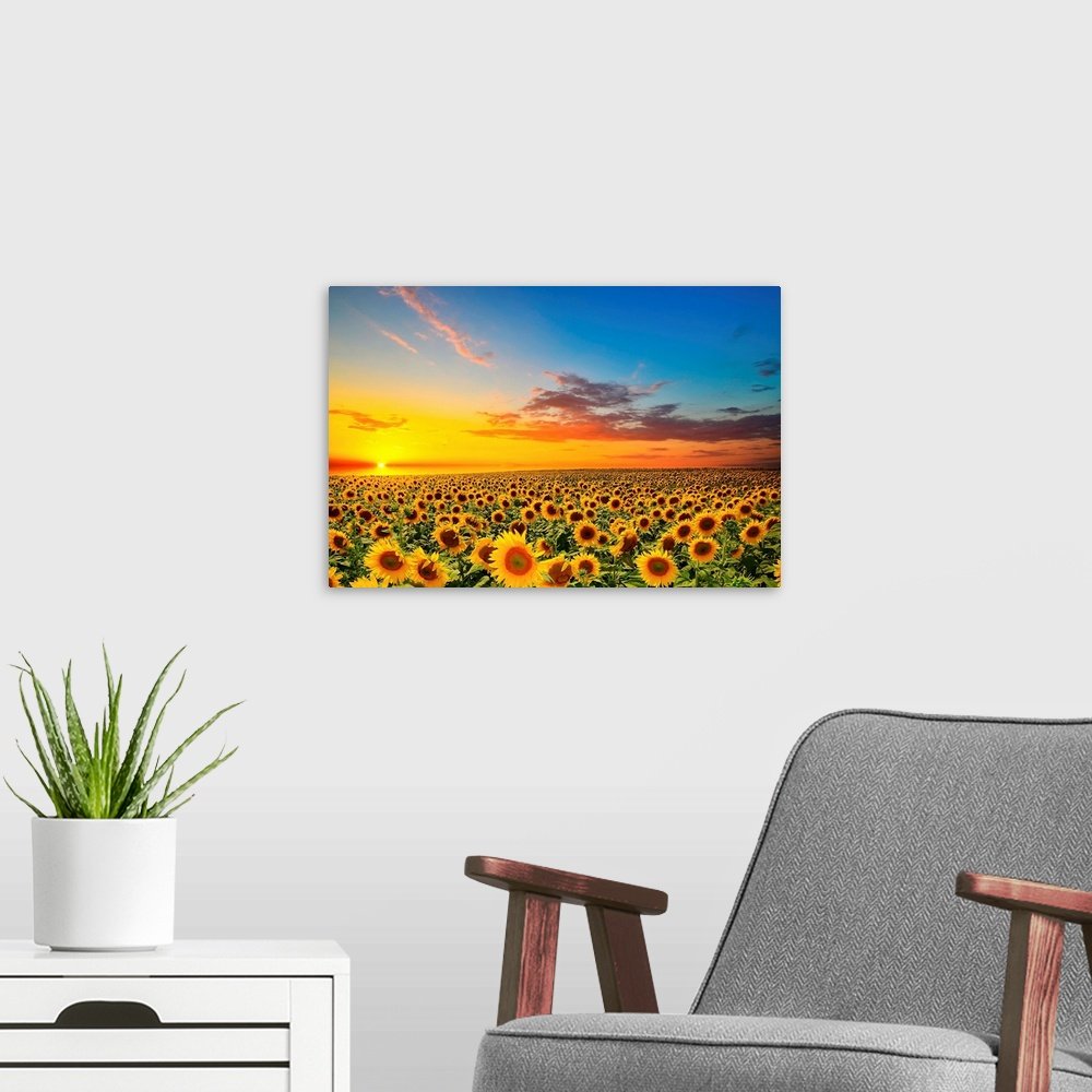 Eternal Summer: A Serene Landscape Flower Wall Art of Sunflowers