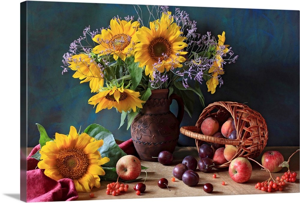 Golden Abundance: A Rich Rustic Still Life Flower Canvas Painting