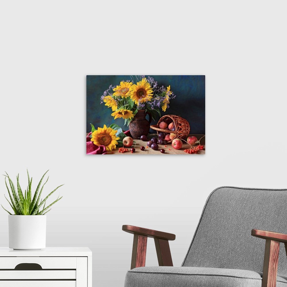 Golden Abundance: A Rich Rustic Still Life Flower Canvas Painting