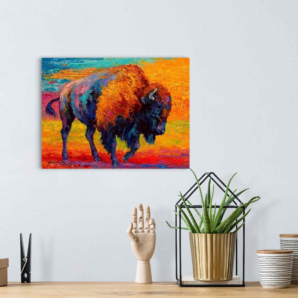 Sunfire Spirit: A Vibrant Expressionist Bison Canvas Painting for Home