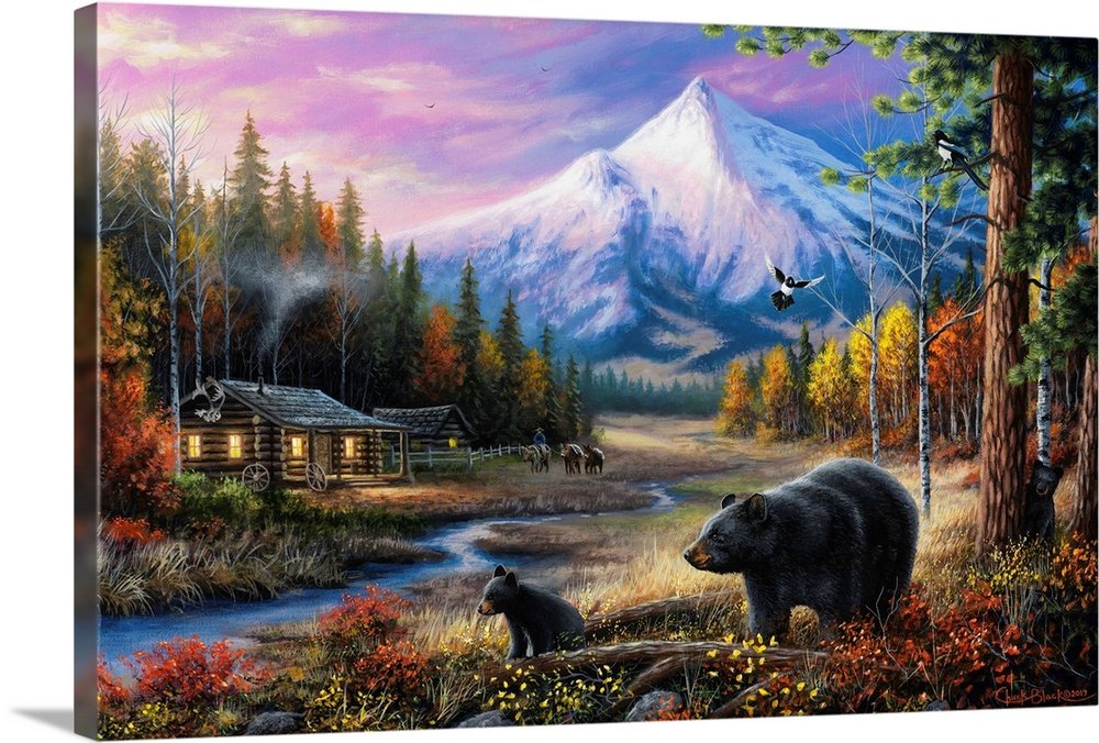 Rustic Bear Wall Art - Twilight Mountain Cabin Wildlife Print