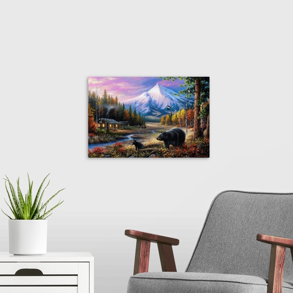 Rustic Bear Wall Art - Twilight Mountain Cabin Wildlife Print