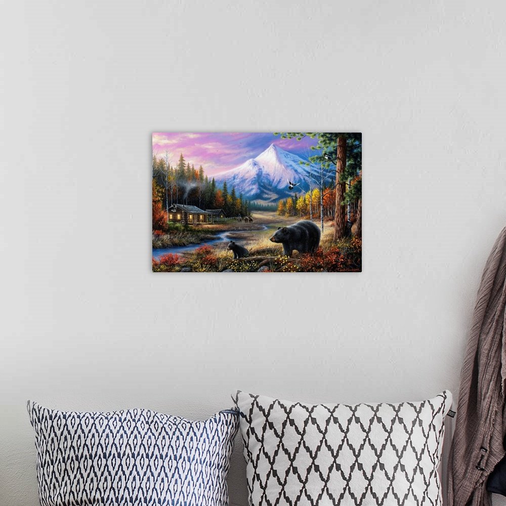 Rustic Bear Wall Art - Twilight Mountain Cabin Wildlife Print
