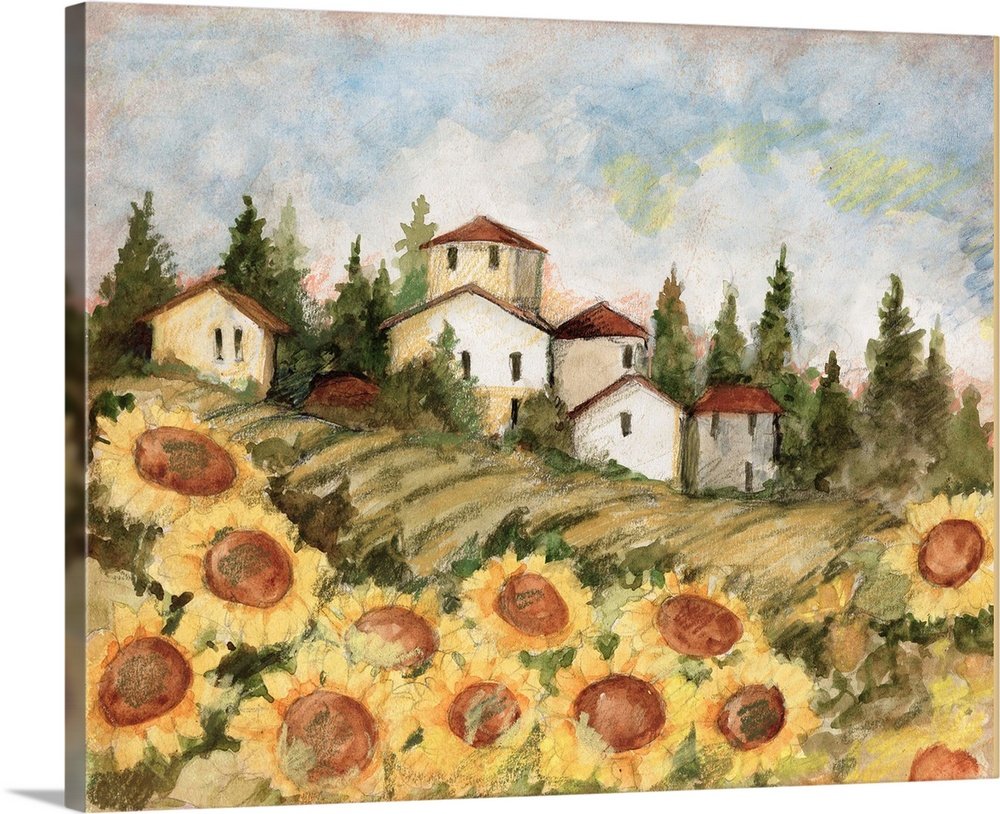 Rustic Sunflower Canvas Art - Village of Sunflowers Tuscan Landscape