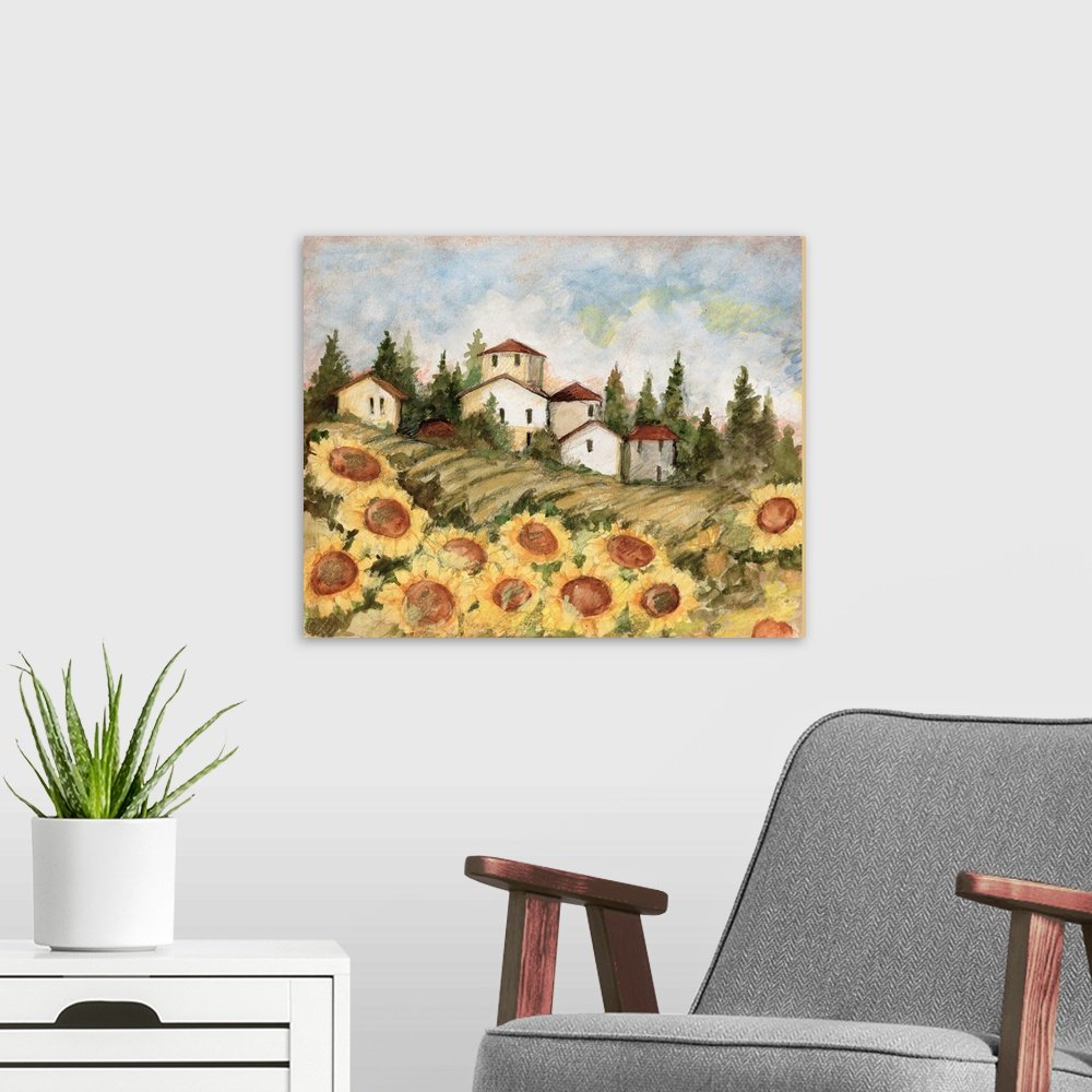 Rustic Sunflower Canvas Art - Village of Sunflowers Tuscan Landscape