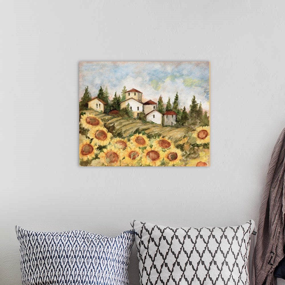 Rustic Sunflower Canvas Art - Village of Sunflowers Tuscan Landscape