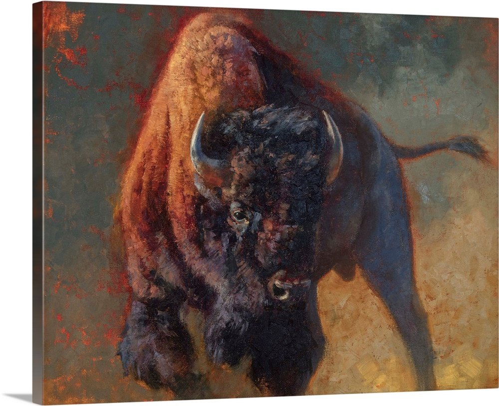 Prairie Thunder: A Powerful Rustic Bison Canvas Painting for Your Wall