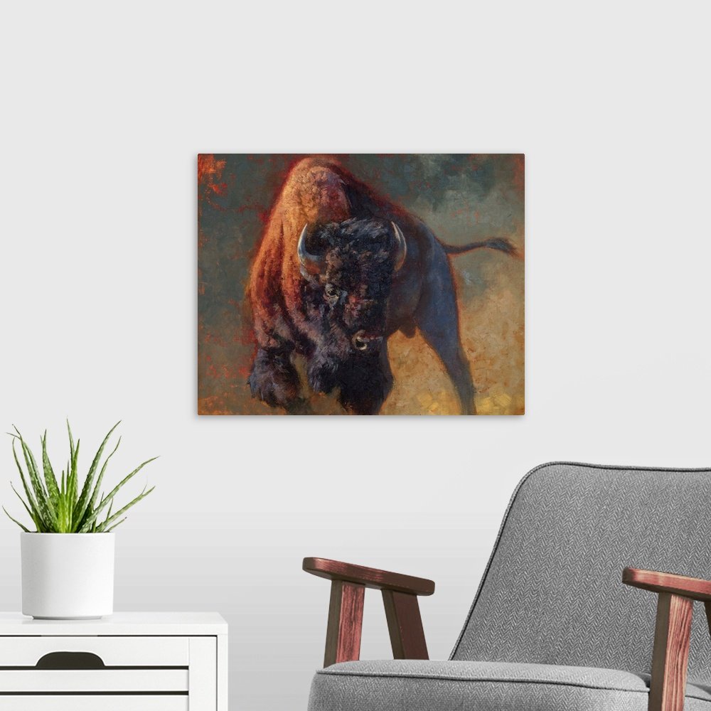 Prairie Thunder: A Powerful Rustic Bison Canvas Painting for Your Wall