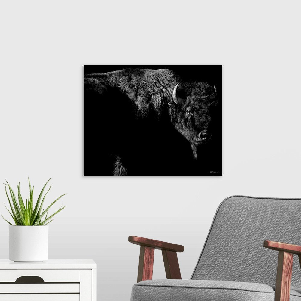 Shadow Guardian: A Minimalist Black and White Bison Wall Art Print