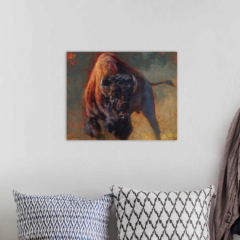 Prairie Thunder: A Powerful Rustic Bison Canvas Painting for Your Wall