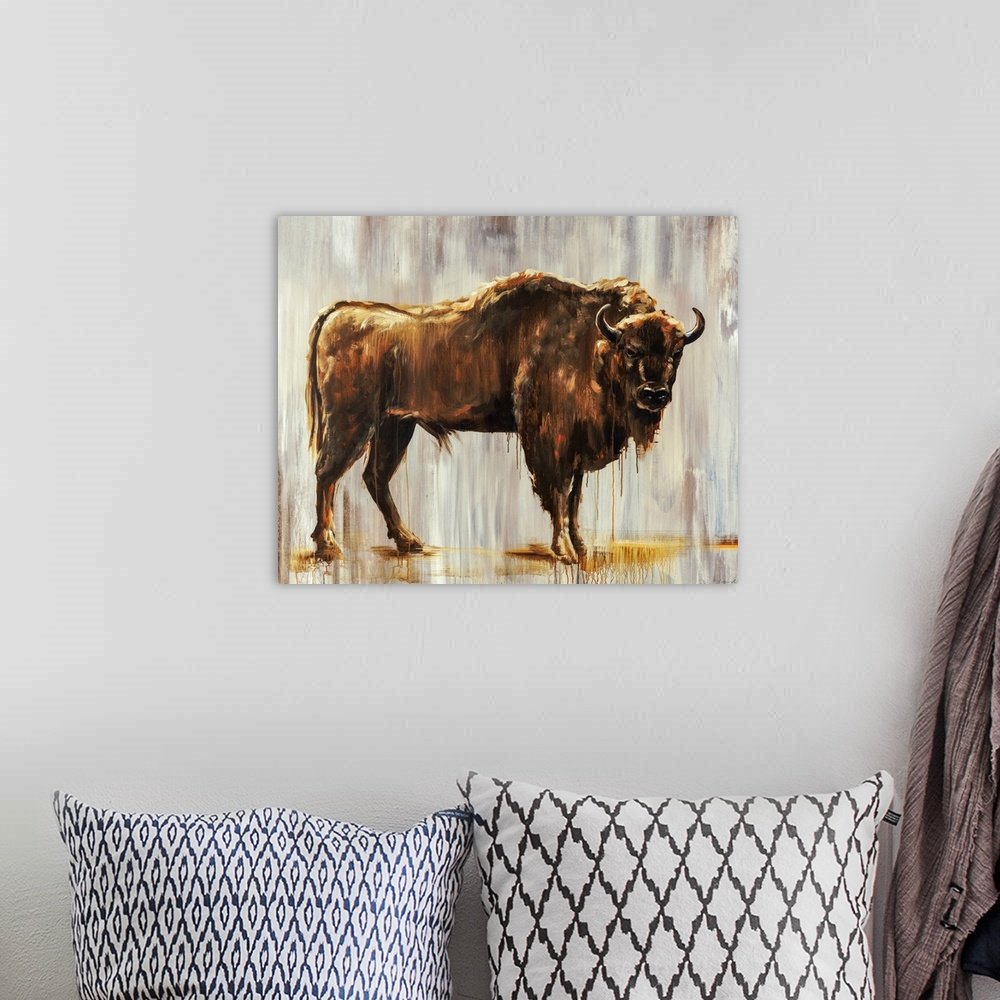 Sentinel of the Plains: A Majestic Rustic Bison Canvas Painting