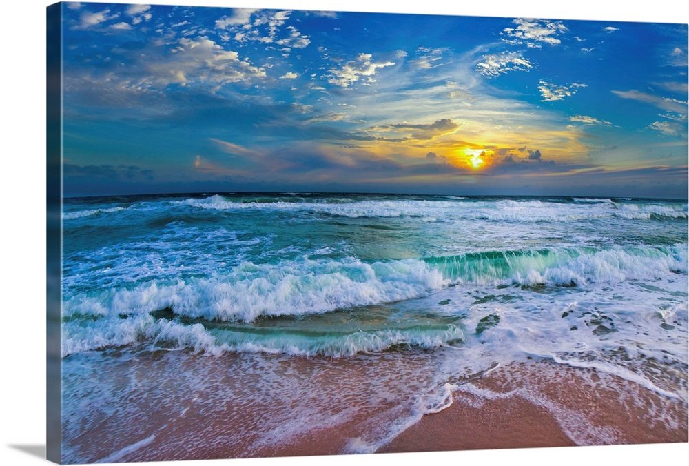 Sunset Surge: A Vibrant Coastal Beach Scene Wall Art Print