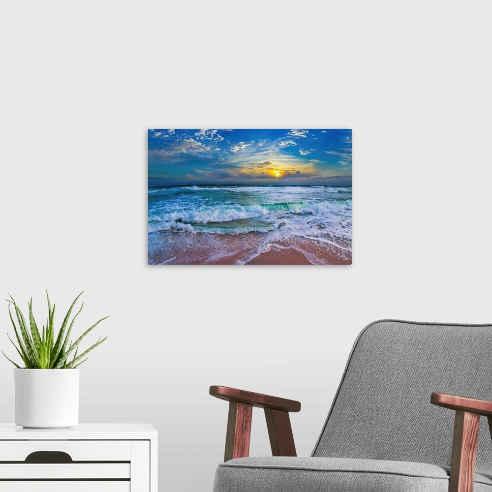 Sunset Surge: A Vibrant Coastal Beach Scene Wall Art Print