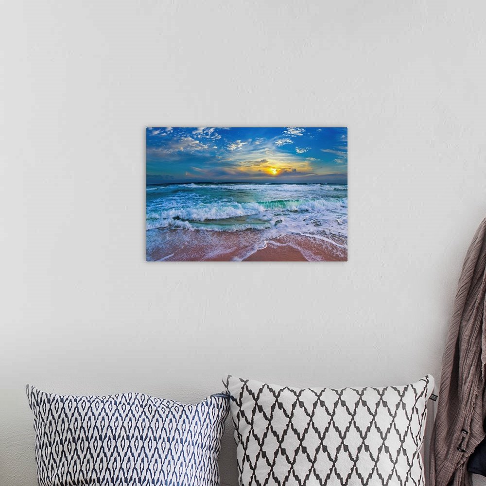 Sunset Surge: A Vibrant Coastal Beach Scene Wall Art Print