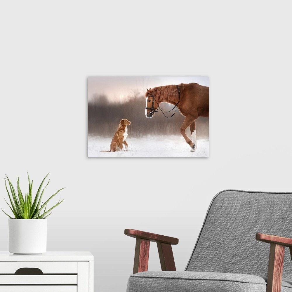 Horse and Dog Wall Art - Winter Friends Rustic Animal Print