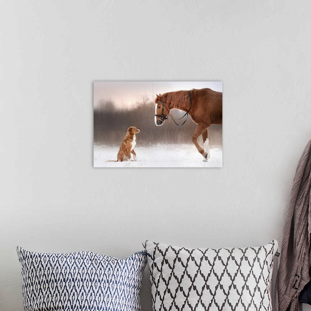 Horse and Dog Wall Art - Winter Friends Rustic Animal Print