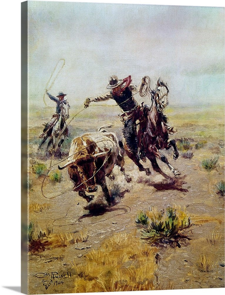 Roping the Steer: A Dynamic Rustic Western Horse Canvas Painting
