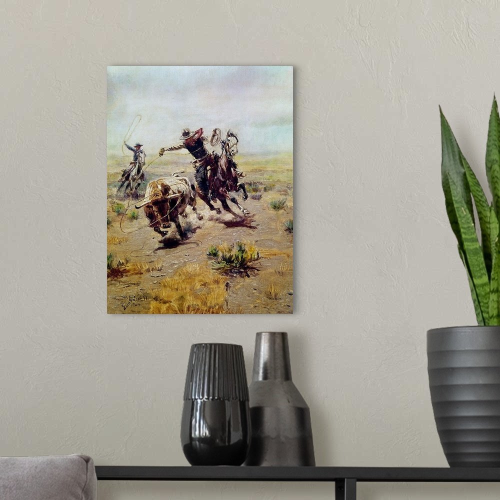 Roping the Steer: A Dynamic Rustic Western Horse Canvas Painting