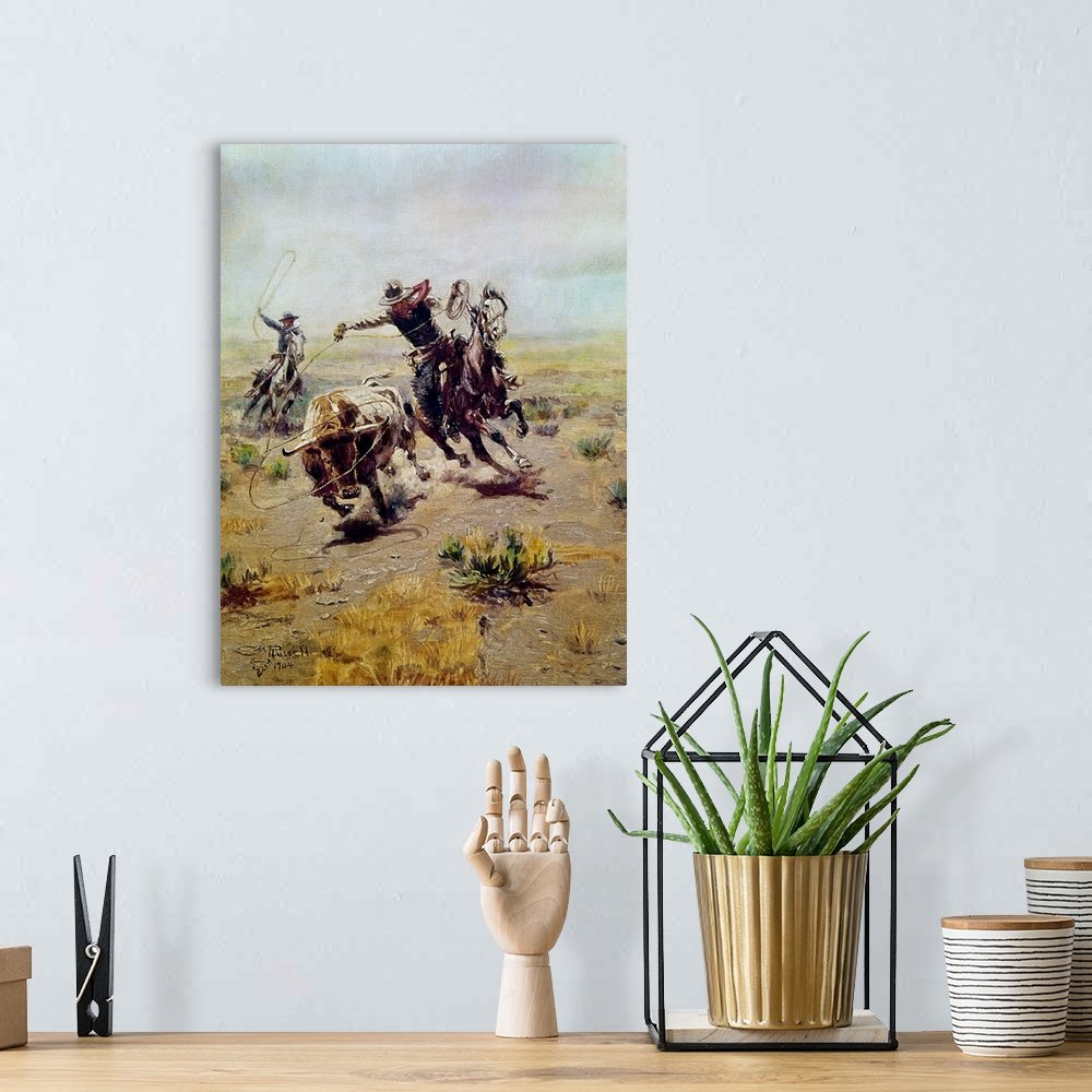 Roping the Steer: A Dynamic Rustic Western Horse Canvas Painting