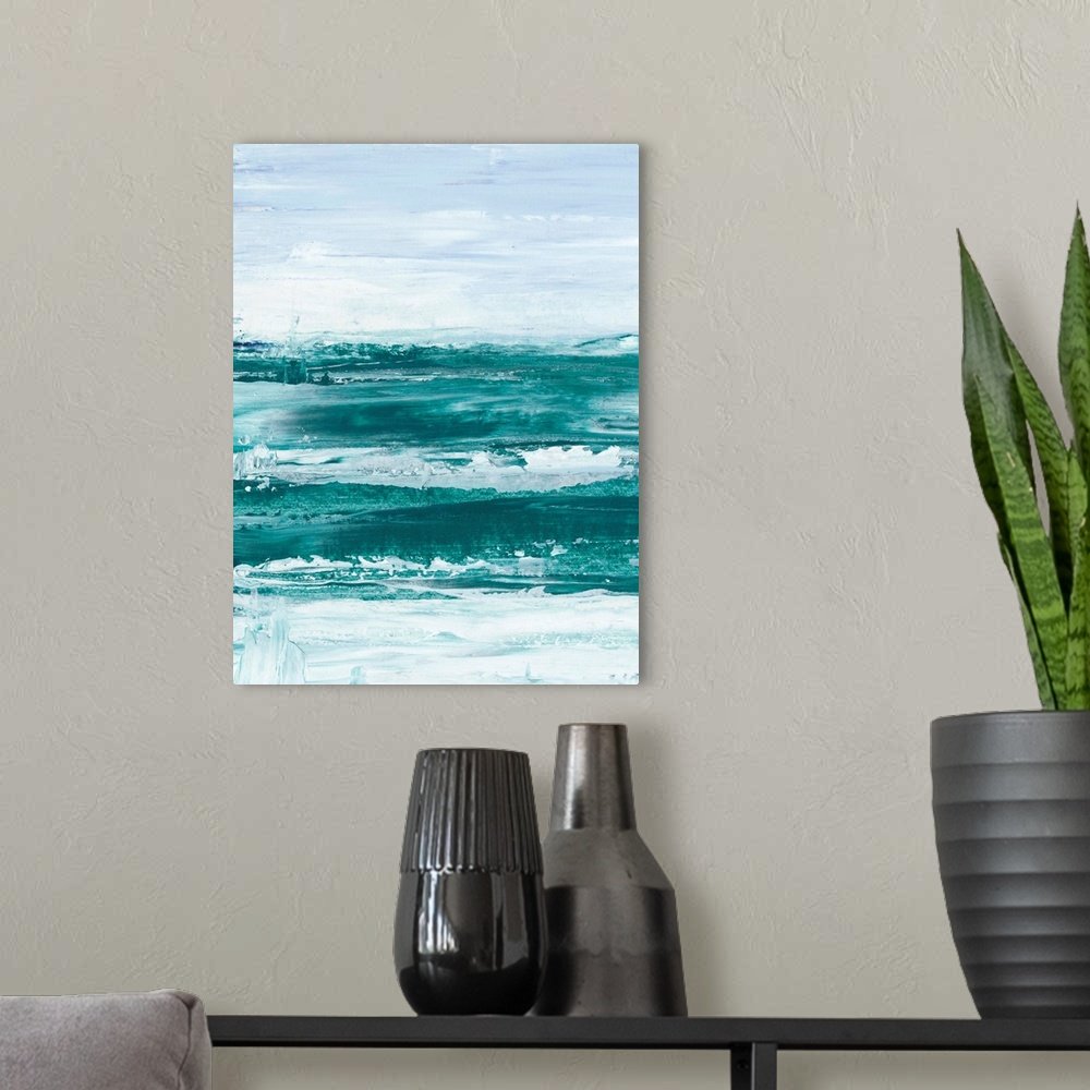 Teal Horizon: A Modern Abstract Coastal Beach Scene Wall Art