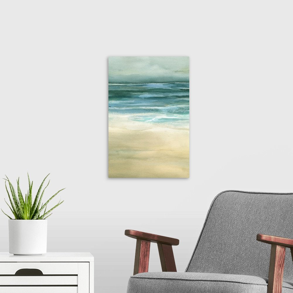 Tidal Whisper: A Serene Abstract Beach Watercolor Canvas Painting