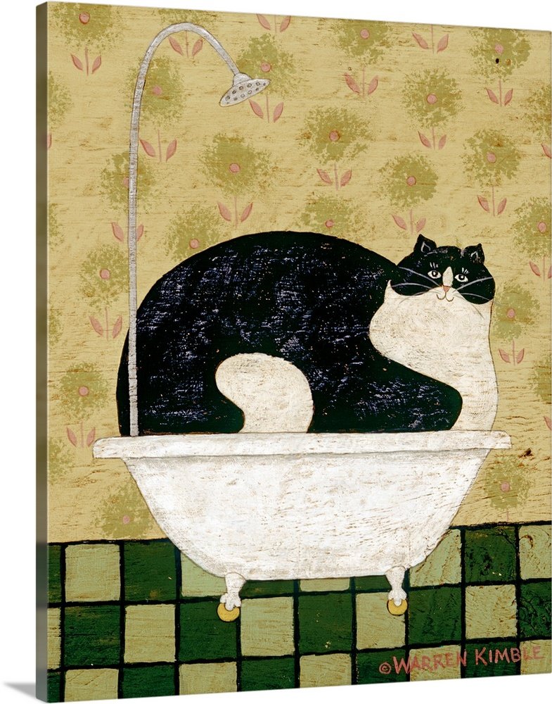 Funny Bathroom Wall Art - Tubby Cat Blues Folk Art Print